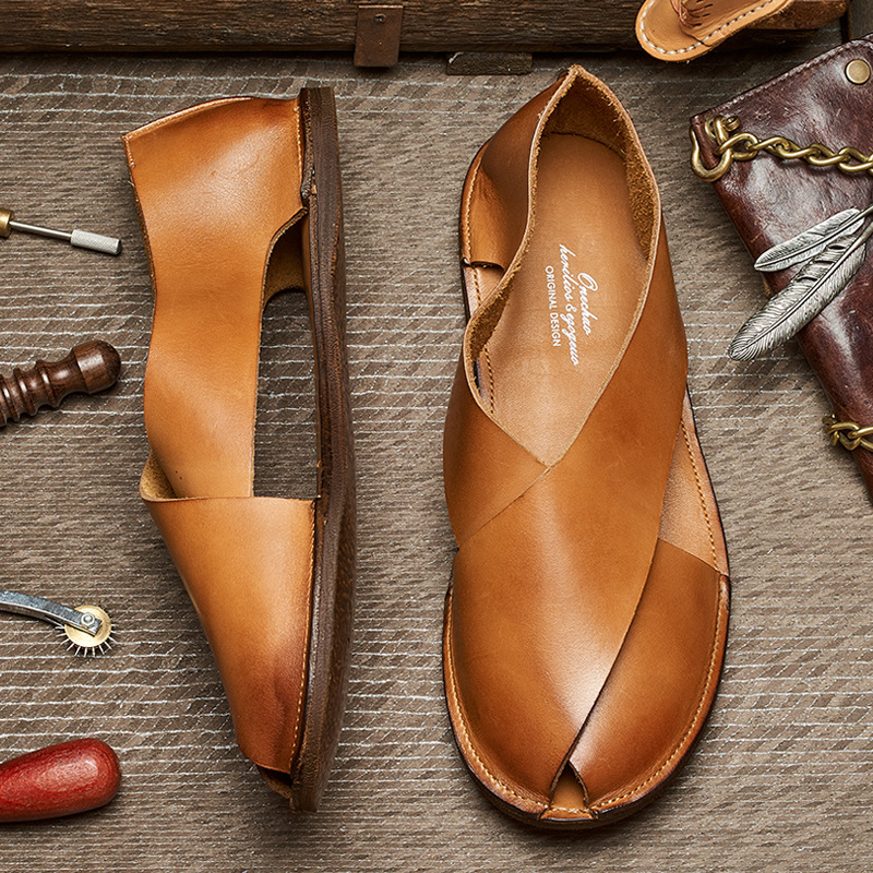 Casual Men's Summer Roman Sandals Genuine Leather All-match Comfortable Fashion Soft Bottom Casual Vintage Men's Beach Shoes E178