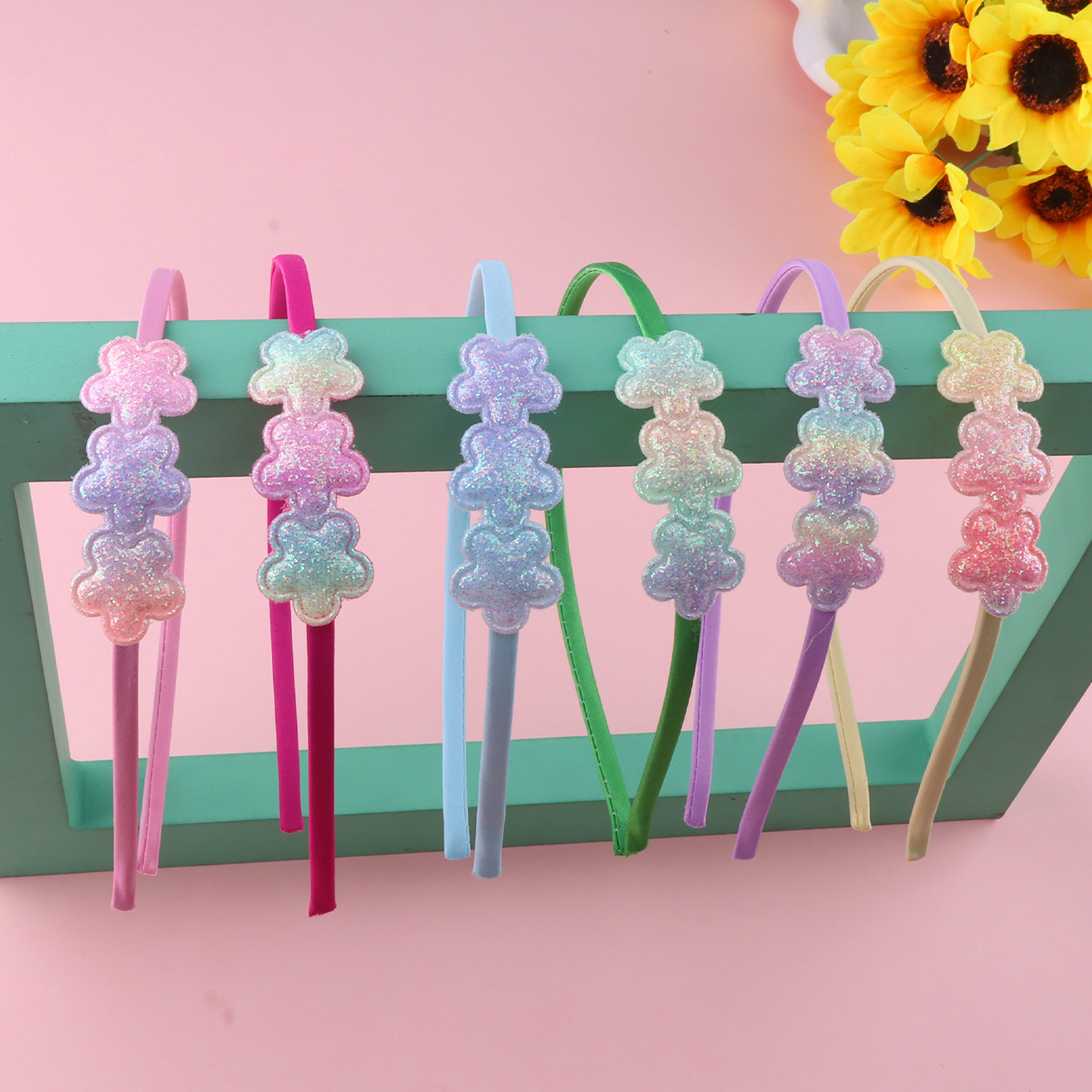 Nueva diadema de amor de color para niña Glitter estrella de cinco puntas flor horquilla joyería diadema dulce para niños