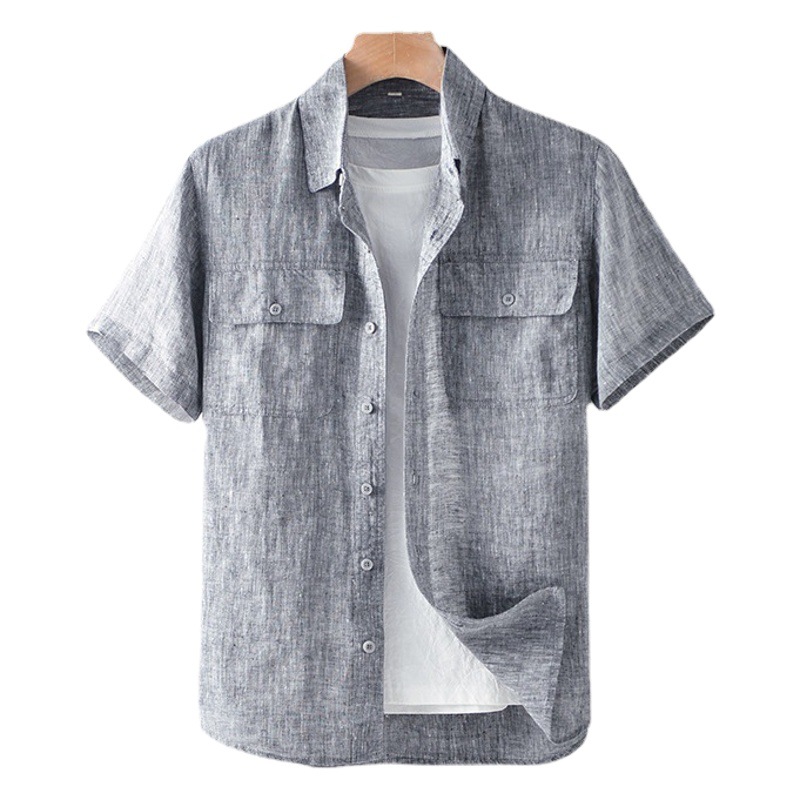 2024 verano Lino hombres parche bolsa solapa manga corta Camisa de lino simple cómodo fresco camisa de lino F012