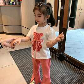 春夏新款中小女童短袖上衣喇叭裤时尚套装两件套休闲小熊运动套装