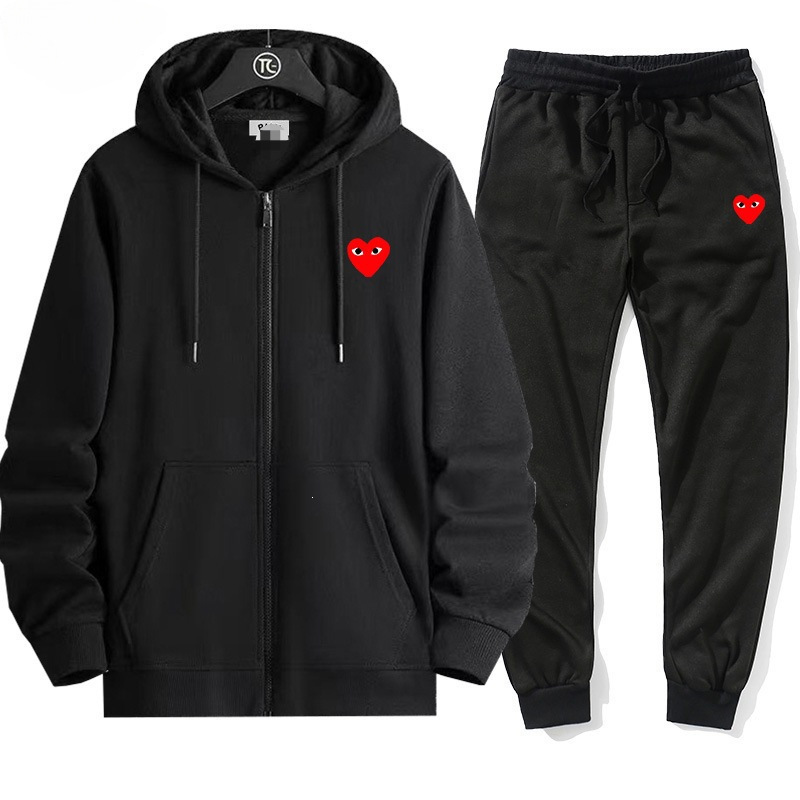 Cross-Border Play Men's Zip-Up Hooded Sweatshirt Two-Piece Set with Small Red Heart Embroidery Fleece