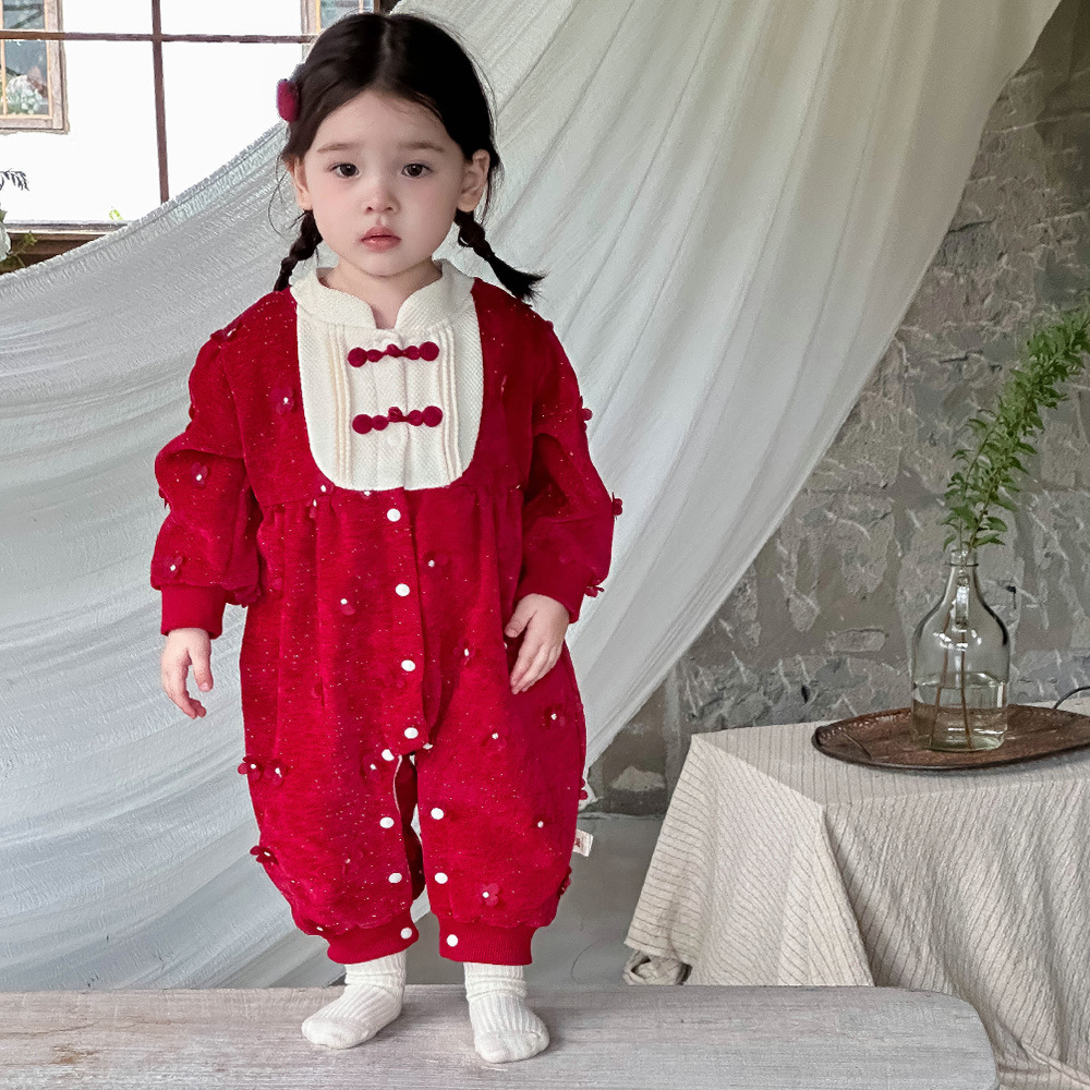 Ropa de otoño e invierno para bebés, estilo occidental, una pieza de estilo chino, ropa de felicitación de Año Nuevo para bebés gruesos, vestido de mujer de un año de invierno