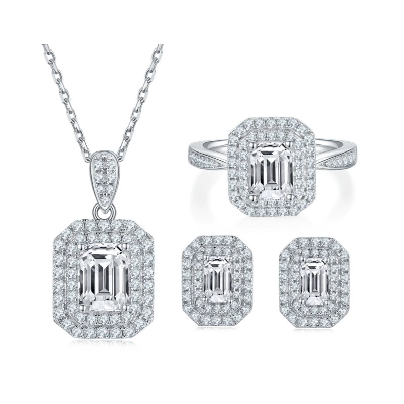 Роскошный s925 стерлингового серебра ювелирный набор 1 карата Mozuzu изумрудное кольцо в форме серьги ожерелье женский набор из трех частей