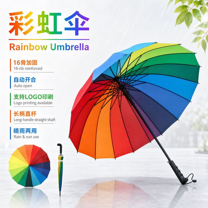 16-Bone Straight Rainbow Automatic Umbrella with Long Handle, Dual-Purpose for Sun and Rain, Gift Umbrella, Promotional Umbrella, Supports Logo Printing 16-Bone Straight Rainbow Automatic Umbrella with Long Handle, Dual-Purpose for Sun and Rain, Gift Umbrella, Promotional Umbrella, Supports Logo Printing