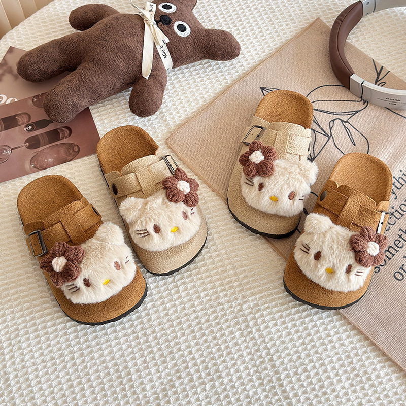 2025 Spring and Autumn Cartoon Cute and Plaid Girls Baotou New Children's Female Retro Cat Birkenstock Slippers for Outerwear