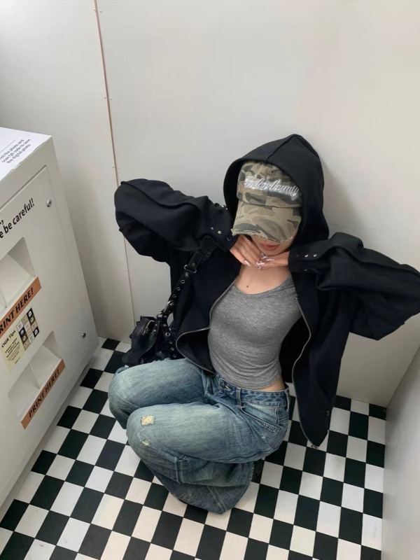 SUNONEON 设计感铆钉宽松连帽卫衣外套女早秋季新美式开衫衣|undefined