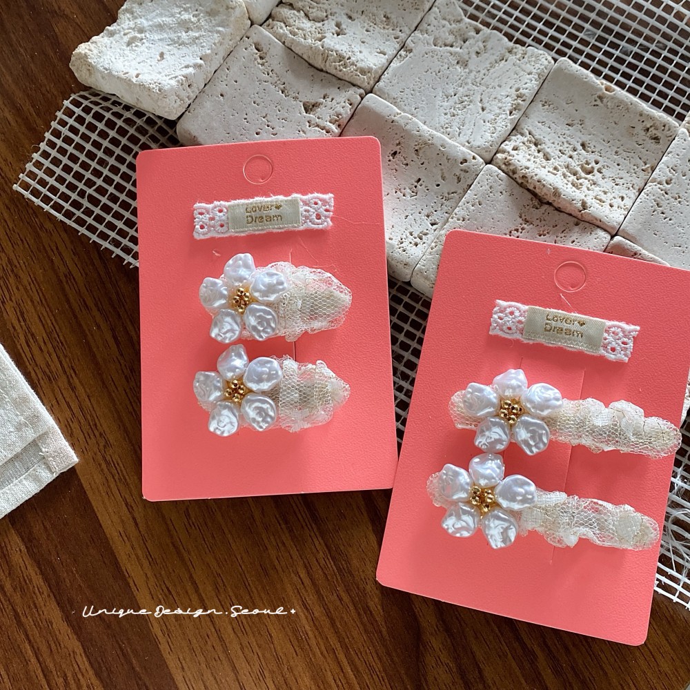 韩系INS风蕾丝鸭嘴夹手作珍珠花朵串珠高级感侧边鸭嘴夹法式优雅