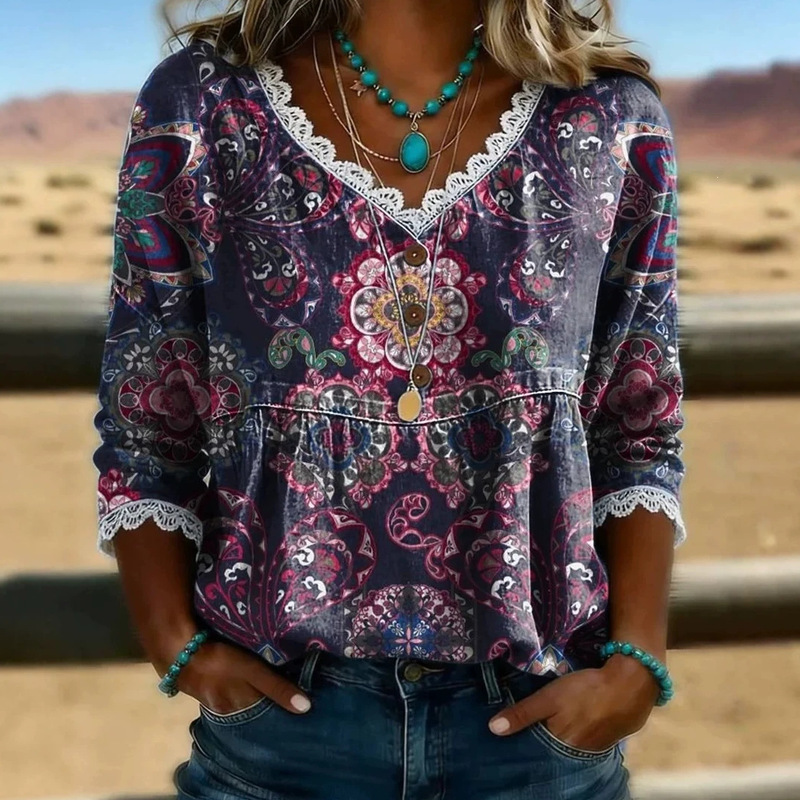 European and American retro floral print V-neck lace pullover top for women, three-quarter sleeve loose plus-size casual T-shirt European and American retro floral print V-neck lace pullover top for women, three-quarter sleeve loose plus-size casual T-shirt