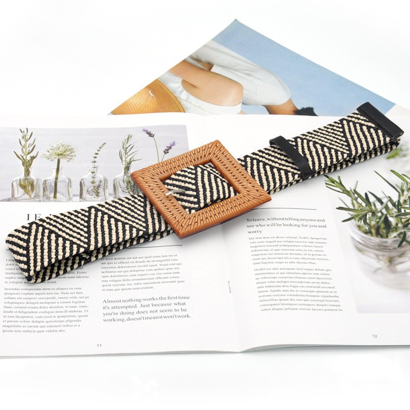 Cinturón Ancho de Tejido de Lino para Mujer, con Hebilla de Madera, Estilo Bohemio