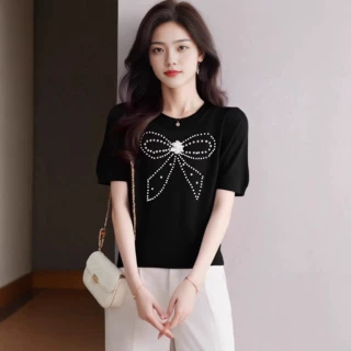 亚马逊跨境欧美爆款钉钻蝴蝶结圆领正肩短袖针织女修身短款上衣