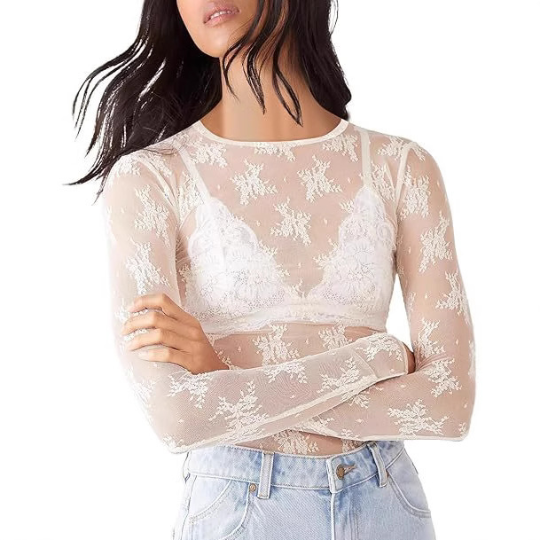 2025 Summer Cross-border Women's Mesh Long Sleeve Top Crewneck Sexy Perspective T-shirt Party Club Night Bud