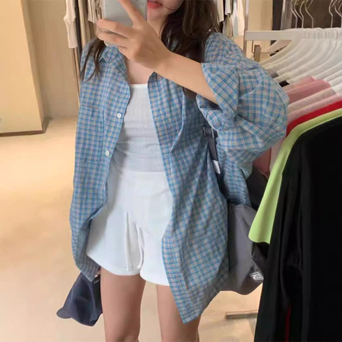 Lazily styled leisure blue checkered women's spring summer autumn new loose matchable long-sleeved sun protection coat top for women