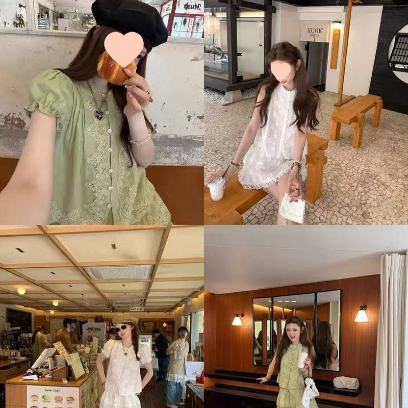 Xb Sage Special Edition Hollow Lace Linen Set Puff Sleeve Top Sleeveless Shirt Short Skirt