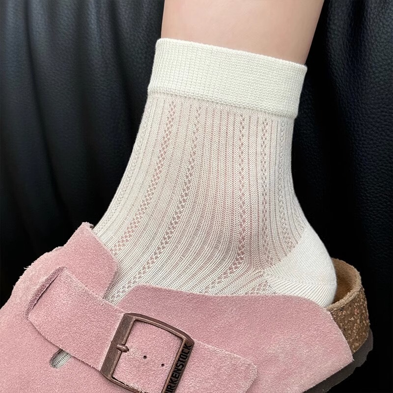 Pure Cotton Women's Short Socks for Spring and Summer, Thin Japanese-Style Hollow Mesh Mid-Calf Socks, Versatile Ballet Style Zhuji Socks