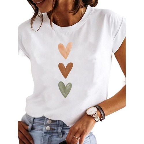 Women's Large Spring Summer Heart Flower Plant Letter Large Round Neck Retro Simple T-shirt