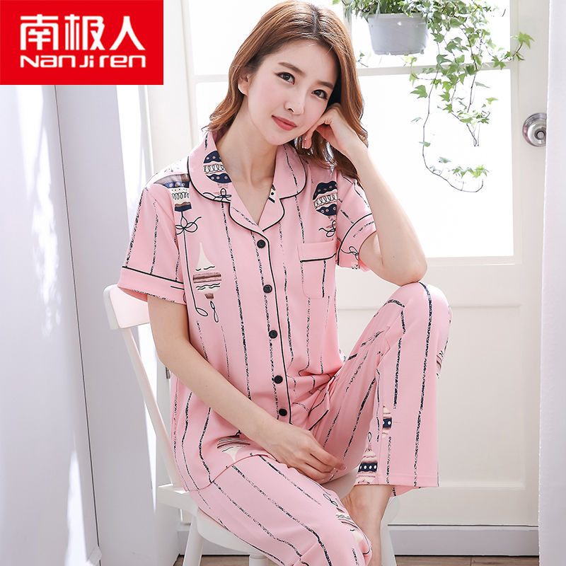 2022 nuevos pijamas de verano de las mujeres de manga corta pantalones de algodón Delgado cardigan desgaste del hogar dos piezas