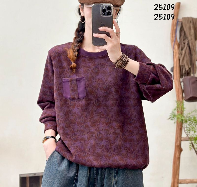 秋季 韩版宽松文艺复古贴布口袋圆领印花卫衣百搭休闲上衣女25109|undefined