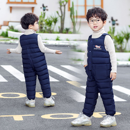 Children's down cotton pants overalls boys' and girls' winter wear cotton long pants with crotch opening thickened baby jumpsuit for outdoor wear