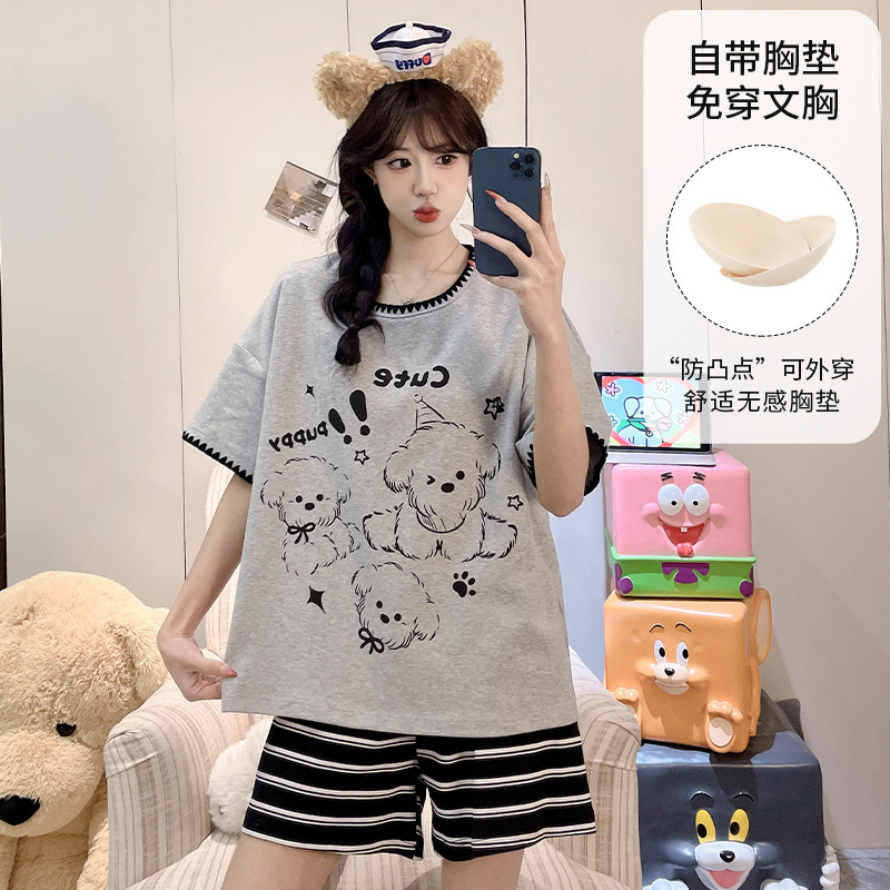 Pajamas with Built-In Breast Pads for Women, Cartoon Anime Short-Sleeved Shorts, Anti-Bump Girls' Fashionable Home Wear Set That Can Be Worn Outside Pajamas with Built-In Breast Pads for Women, Cartoon Anime Short-Sleeved Shorts, Anti-Bump Girls' Fashionable Home Wear Set That Can Be Worn Outside