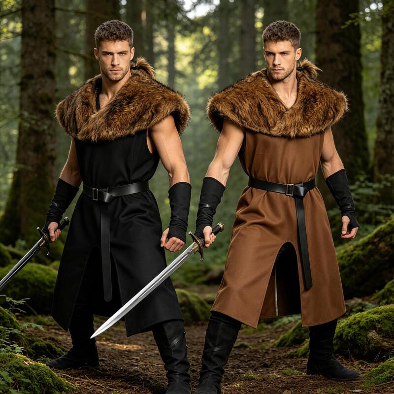 Men's Renaissance Medieval Knight Robe Viking Warrior Larp Tunic Halloween Costume