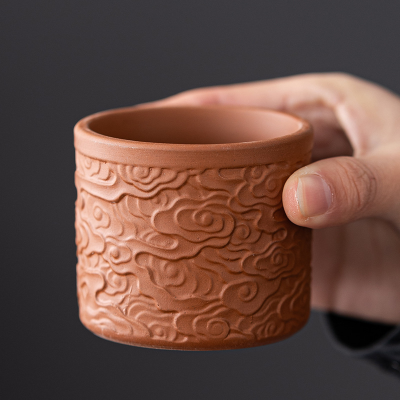 原矿朱泥紫砂杯家用大容量手工浮雕主人杯个人茶杯简约陶瓷品茗杯