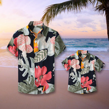 夏季亲子装度假风翻领短袖印花休闲薄款衬衫外贸夏威夷家庭装批发
