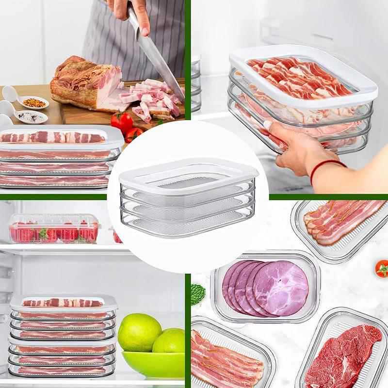 Caja de carne cocinada, caja de almacenamiento sellada de refrigerador de tres capas, caja de almacenamiento de tocino con cubierta, caja de almacenamiento de alimentos, caja de almacenamiento de alimentos transparente