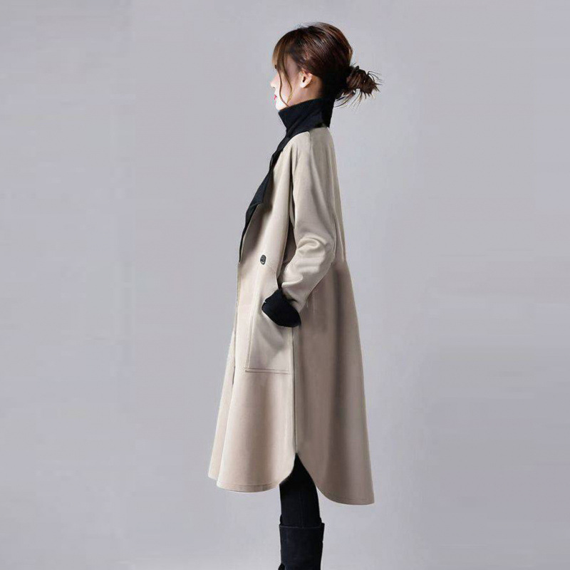 Women's Oversized Long Trench Coat With Contrast Collar - Autumn Casual Streetwear Jacket (S/M/L) Women's Clothing_voghion.com