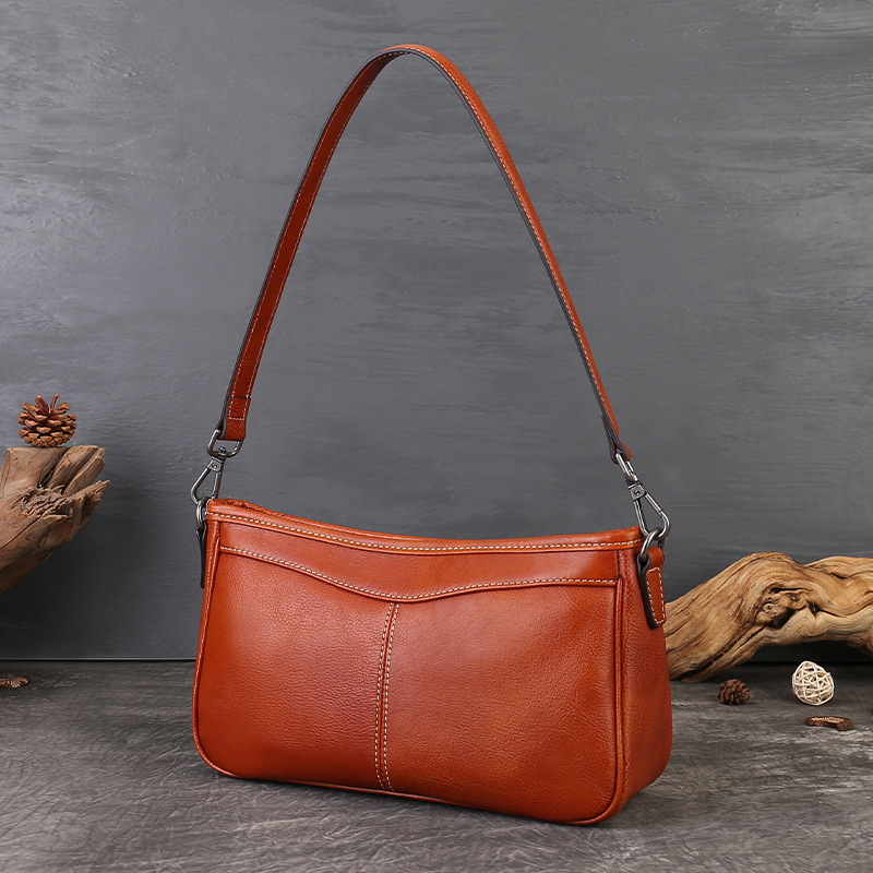 Amazon Bestseller Cross-Border Underarm Bag Retro Top Grain Cowhide Small Square Bag Versatile Luxury Single Shoulder Baguette Bag For Women