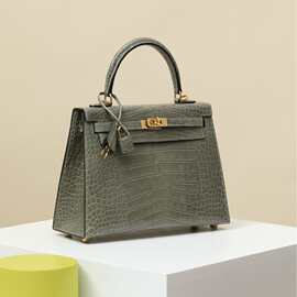 纯手工缝制凯莉包原厂高光美洲鳄鱼皮斑鸠灰金扣手提女包单肩斜挎