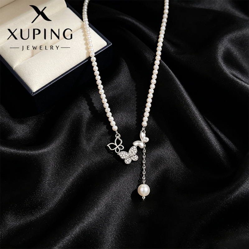 Xuping temperamento dulce viento de perla cadena de clavícula mariposa brilla elegante temperamento collar de verano tierna adornamiento para mujeres image 1