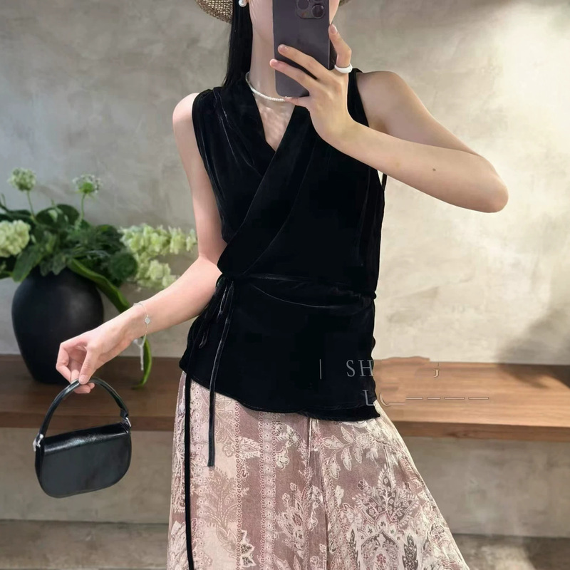 Directly from the Manufacturer: 26 New Styles of V-Neck Elegant Belted Slimming Silk Velvet Tops with Wrap Knot Design, Sleeveless Shirts