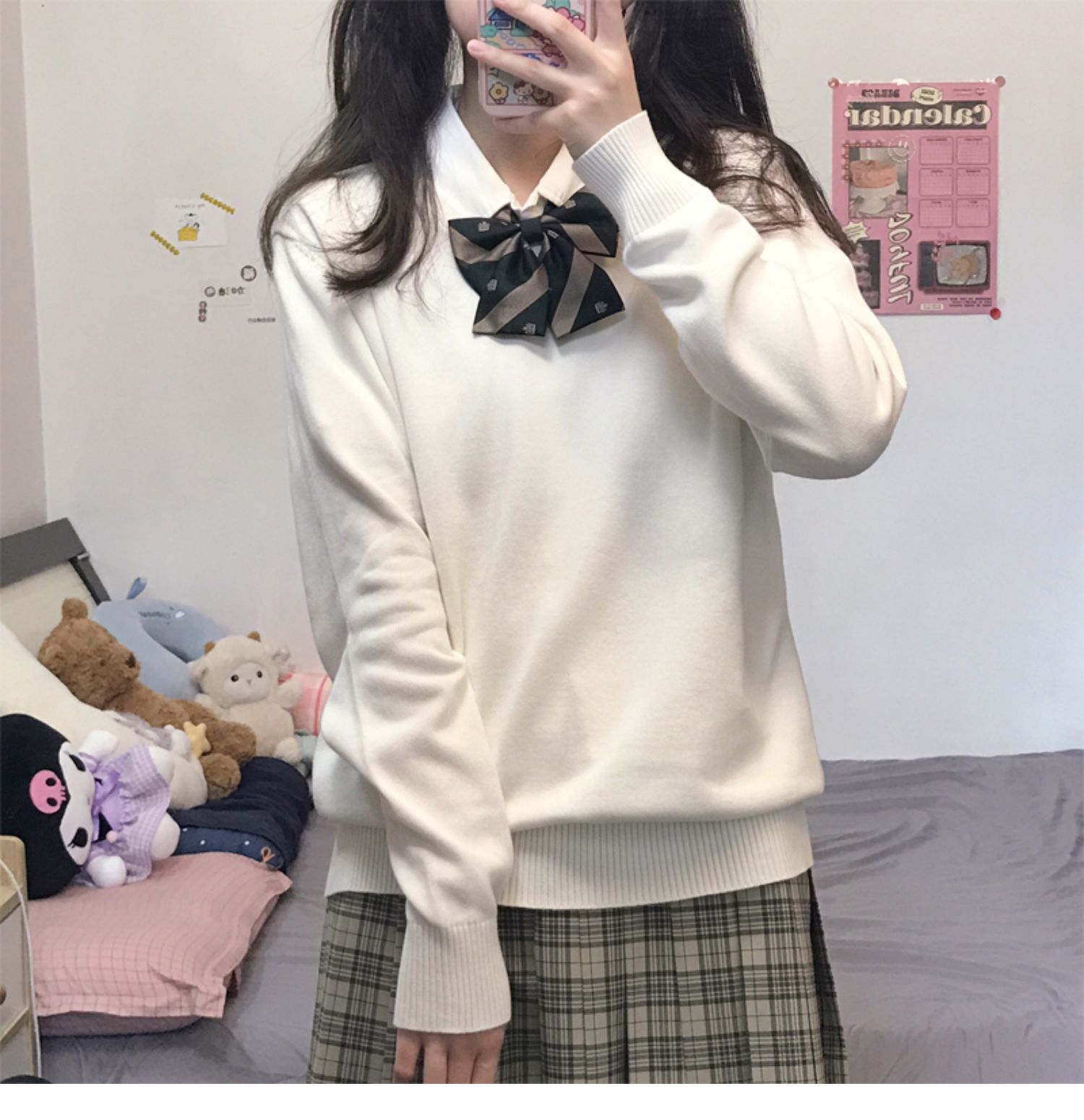 Escuela de vestir con camisa de punto de color sólido suéter de invierno y otoño plegado con chaqueta de manga larga de cuello en V JK tipo suelto