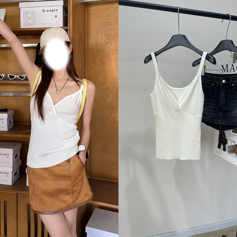2025 Spring/Summer White Logo Hollow Deep V Knit Camisole Slimming Age-Reducing Fashion Tencel Cotton Top for Women