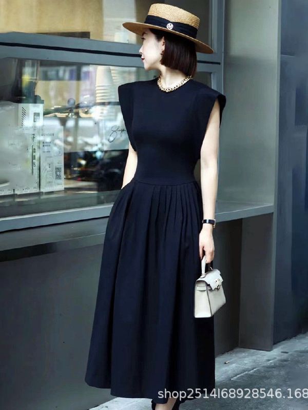 Đầm maxi nữ thắt eo phong cách Hepburn cổ điển không tay — Màu đen