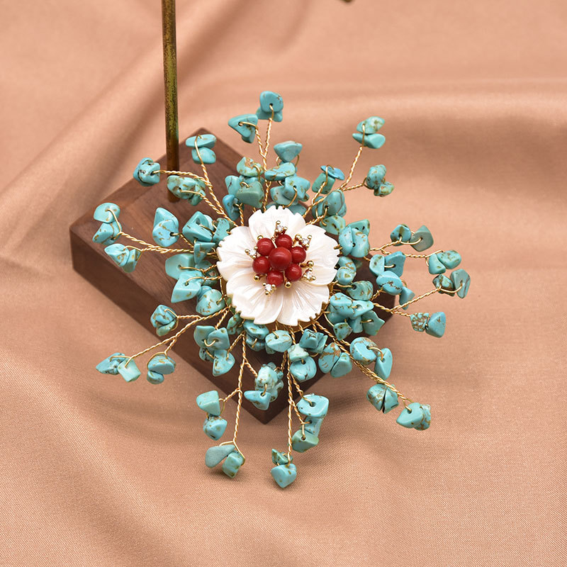 Natural perla broche imitación turquesa vintage ramillete creativo hecho a mano de alta gama pin temperamento joyería regalo al por mayor