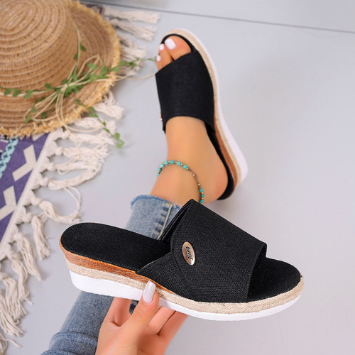 Summer New Fabric Wedge Slippers, Plus-Size Thick-Soled Jute Strap Sandals, Women's Wholesale European and American Style Flip-Flops