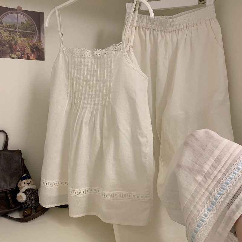 Korean Design Linen Lace Suspender Pajamas for Women Summer New Large Size Loose Wide-Leg Pants Suit That Can Be Worn Outside Korean Design Linen Lace Suspender Pajamas for Women Summer New Large Size Loose Wide-Leg Pants Suit That Can Be Worn Outside
