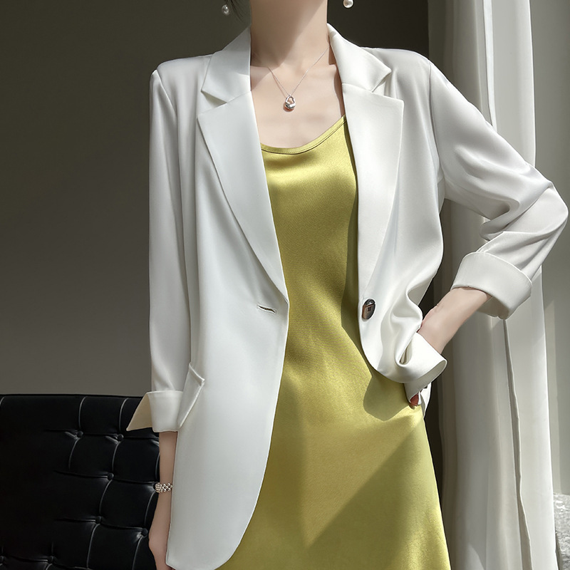Summer New Acetate Satin Suit Jacket for Women with Three-Quarter Sleeves, Versatile Pure Color Loose Jacket, Fashionable Small Suit