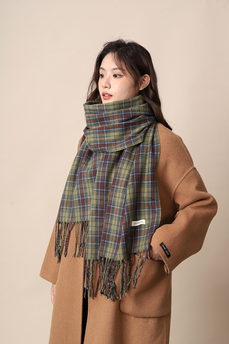 Neues grün kariertes Tuch im koreanischen Stil für Damen, vielseitig einsetzbar im Herbst und Winter, individuell und hochwertig, warmer Schal_voghion.com