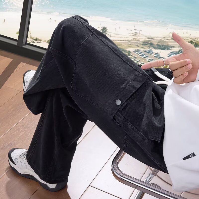 美式纯色工装裤男士春秋款黑色宽松直筒休闲阔腿裤子轻熟休闲|undefined