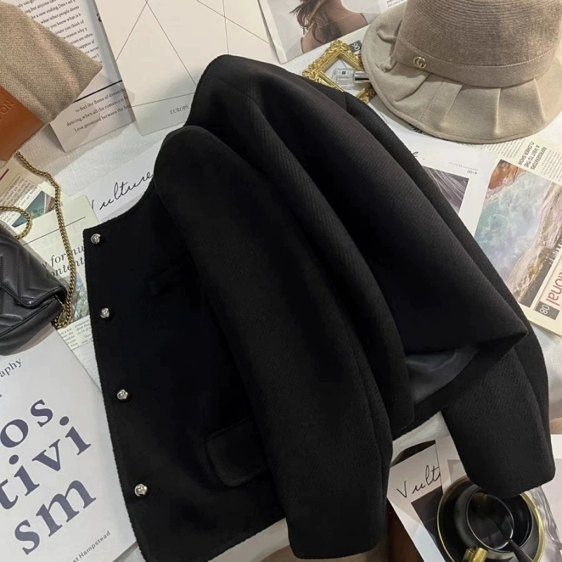 Шерстяной черный короткий демисезонный классический пиджак, стиль Chanel, премиум-класс
