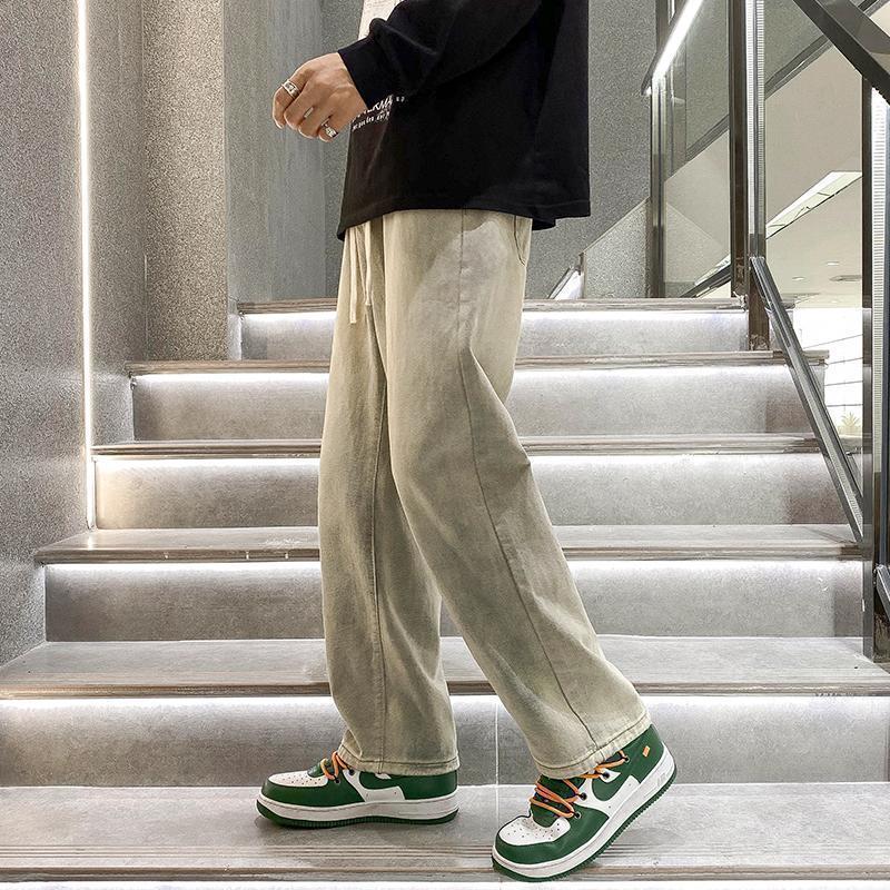 American Style High Street Vintage fleece-lined Yellow Mud Jeans Men's Trousers Loose Student's Straight Pants Trendy Brand Boys' Pants