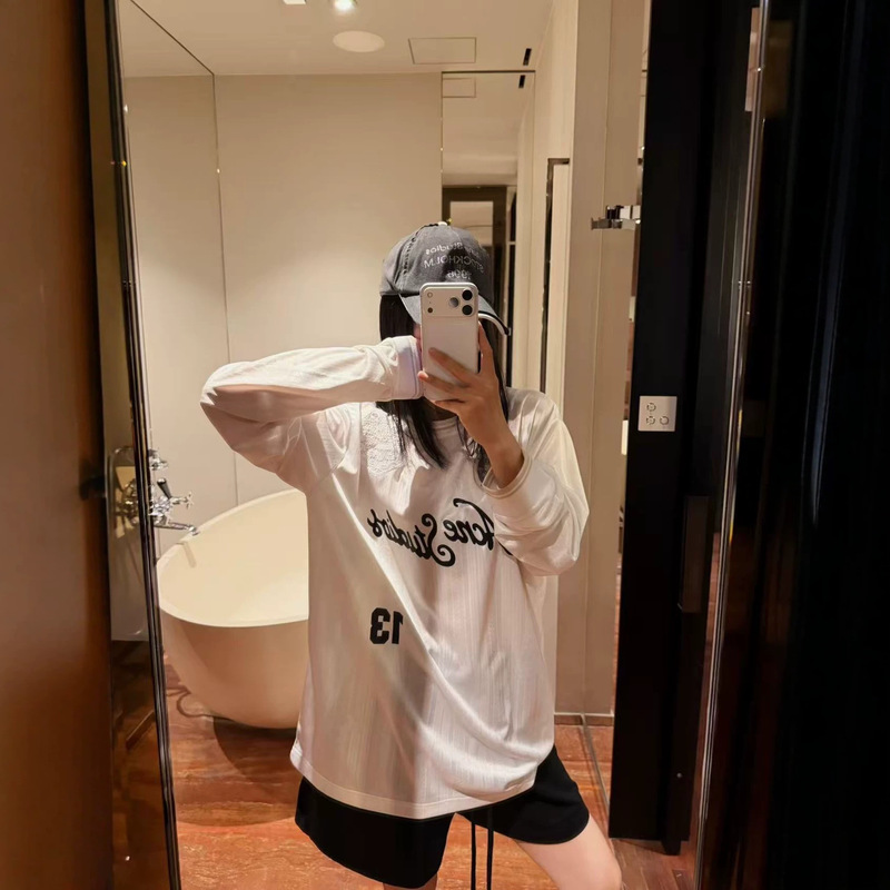 Korean Seoul "Misty Thin Shirt" retro jersey-style loose-fit letter-print round-neck versatile top