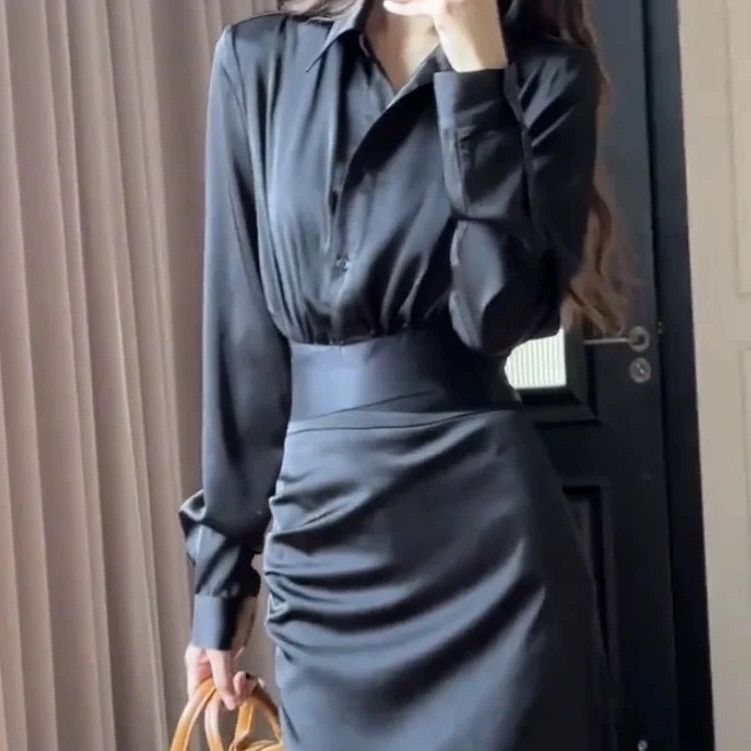 法式感缎面蚂蚁腰长袖翻领衬衫高腰修身半身裙显瘦长裙套装女|undefined