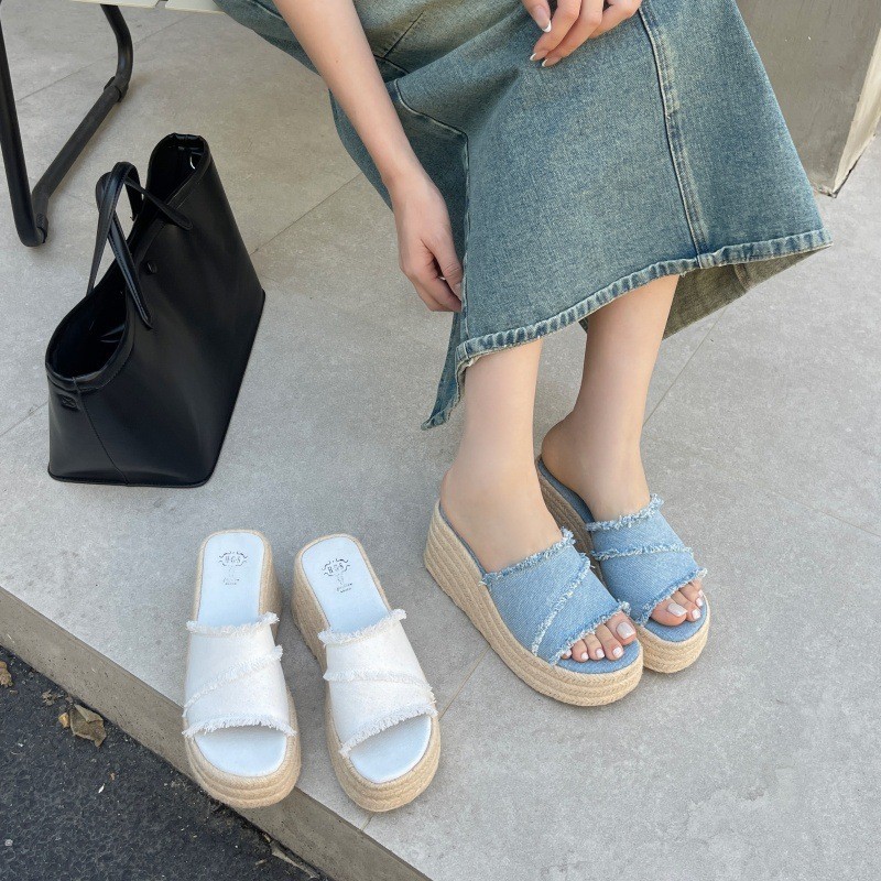 Sandali donna con zeppa in jeans stile francese e suola paglia_voghion.com