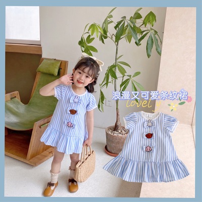 2021 Summer style girl fresh blue stripe Dress Cartoon bow lovely lace The skirt