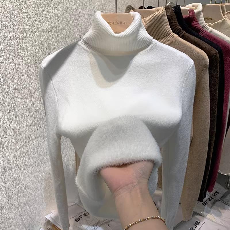 Autumn and Winter fleece-lined Thickened Warm One-piece Velvet Top Thread High Collar Long Sleeve T-shirt Women's Knit Shirt Inner Base Shirt