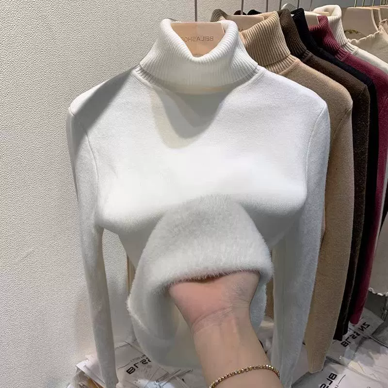 秋冬加绒加厚保暖一体绒上衣螺纹高领长袖t恤女针织衫内搭打底衫