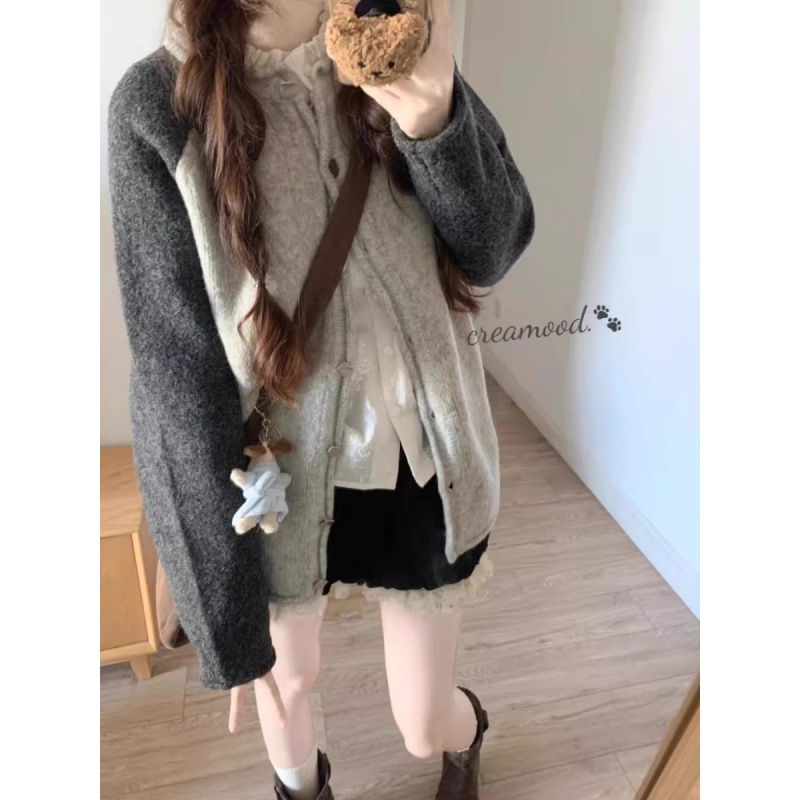 Coreano perecío sésamo diseño sensación de color suéter cardigán temperamento gris de manga larga chaqueta de punto